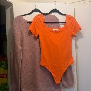 Aritzia Orange Square-Neck Short Sleeve Bodysuit